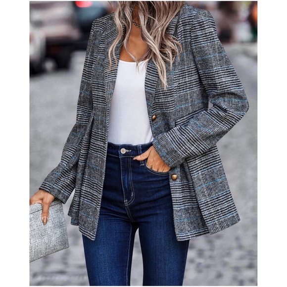 Classic Plaid Button up Jacket Coat Blazer - Picture 4 of 6